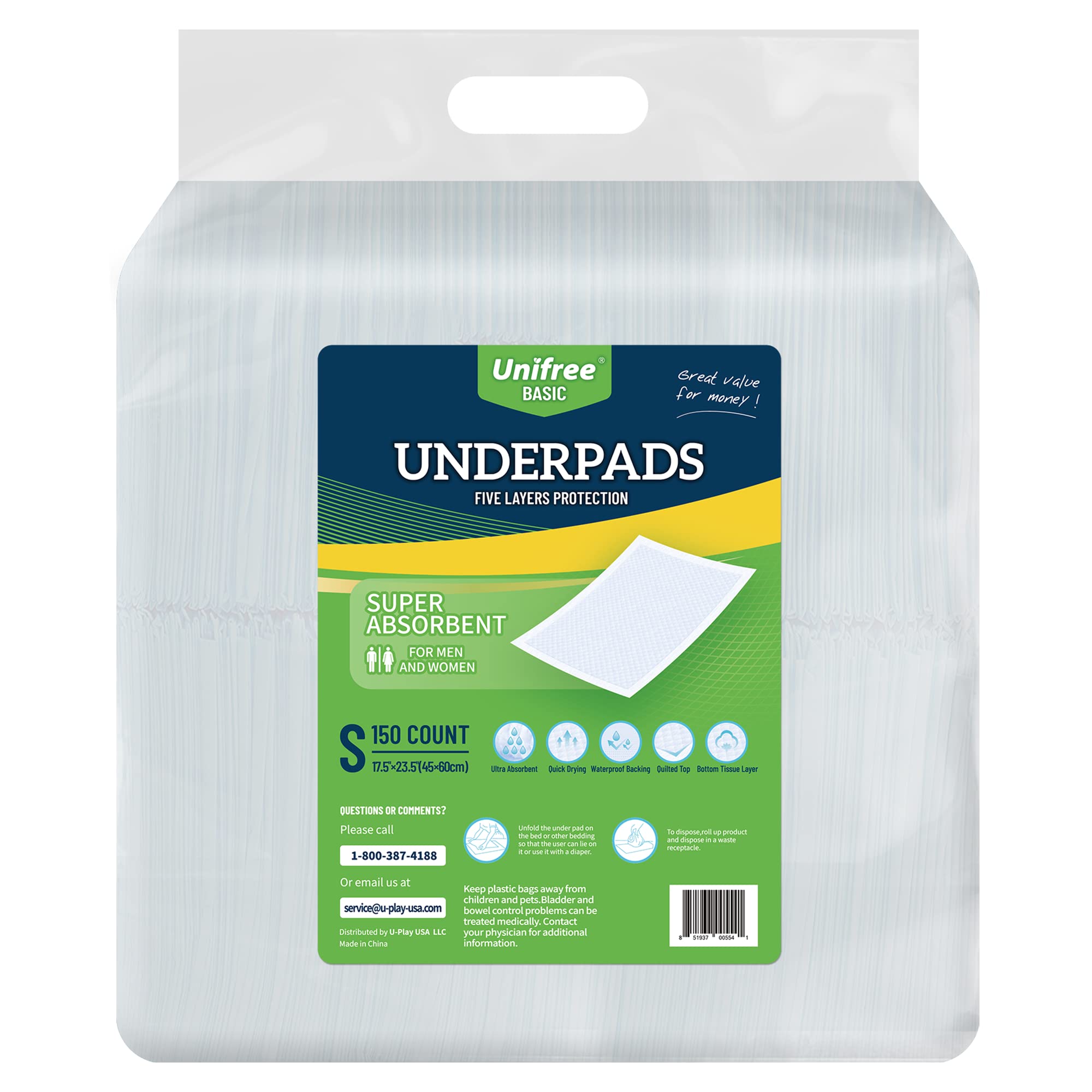 Unifree Disposable Underpad, Bed Pads, Incontinence Pad, Super Absorbent, 100 Count, Blue (M 24x24 Inch)