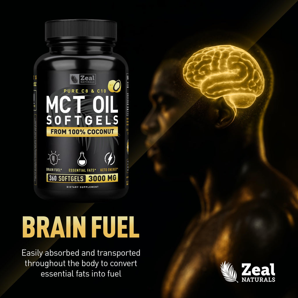 Zeal Naturals Pure MCT Oil Capsules - 3000mg, 360 Softgels |C10, C8 MCT Oil Unrefined Coconut | Energy Support & Brain Fuel Supplement | Gluten-Free