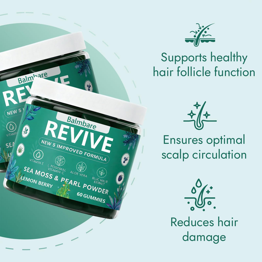 Balmbare Revive Gummies for Hair Loss, with Organic Irish Sea Moss Pearl Powder, Vitamins C & E, Aloe Vera - Supports Healthy Hair, Skin & Nails Growth (1pcs)