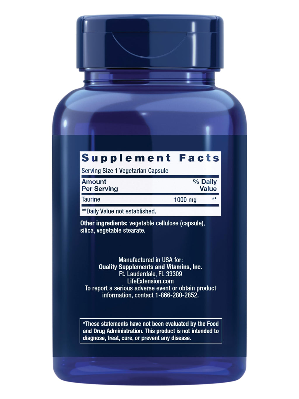 Life Extension Taurine, Pure Taurine Amino Acid Supplement, Heart, Liver and Brain Health, Longevity, Muscle and Exercise, 1000 mg, Non-GMO, Gluten-Free, Vegetarian, 180 Vegetarian Capsules