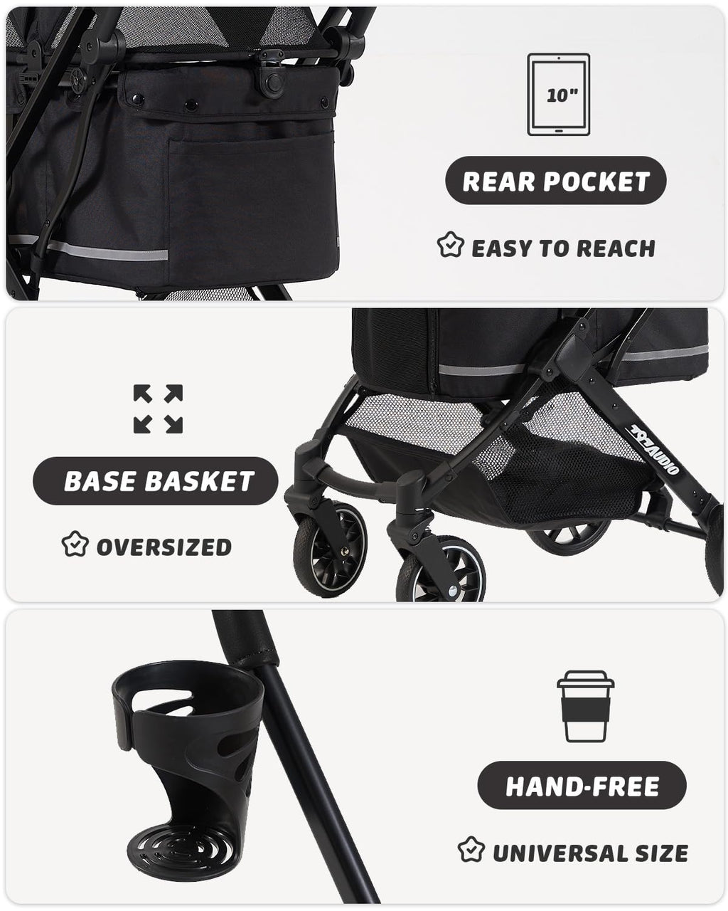797Audio Dog Stroller for Small Medium Dogs,Pet Stroller for Cats Puppy Up to 121lbs,Foldable,One Click Folding,4 Wheel Shock Absorption,Adjustable Canopy with Sun Shades,Removable Washable Pad(Black)