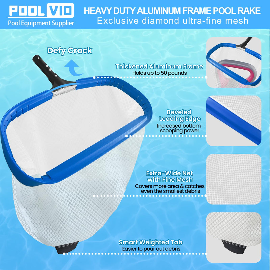 Poolvio 20" Pool Net Skimmer – Heavy Duty Leaf Net with Aluminum Frame with Diamond-Pattern Ultra-Fine Soft Mesh Bag – Pool Cleaning Net for Leaves, Sand, Pollen & Small Debris (No Pole)