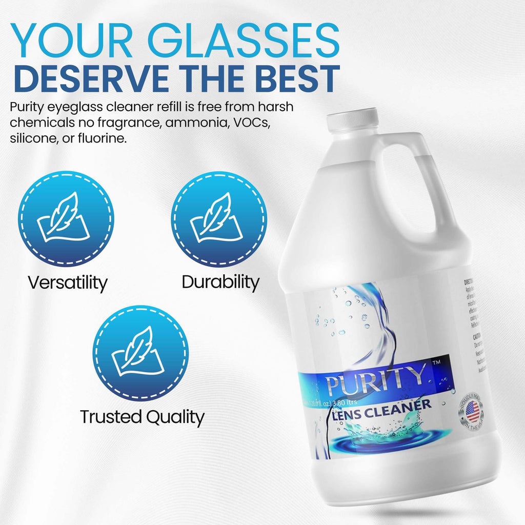 Purity Eye Glasses Lens Cleaner - Refill Eyeglass Lens Cleaning Bottle - Safe for All Lenses (AR Coated Included), Eyeglasses and Screens - Made in USA - Clear, 1gal