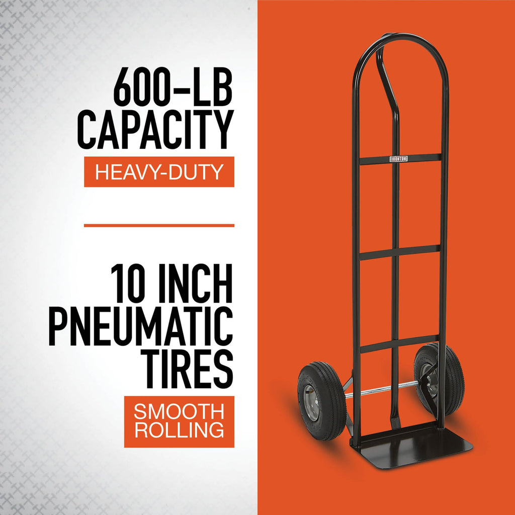 Ironton Steel Pneumatic Hand Truck Dolly, 600-Lb Capacity, Heavy-Duty Steel Frame, 10-in Pneumatic Tires, P-Style Handle, 14" x 8.5" Toe Plate