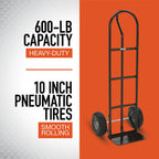 Ironton Steel Pneumatic Hand Truck Dolly, 600-Lb Capacity, Heavy-Duty Steel Frame, 10-in Pneumatic Tires, P-Style Handle, 14" x 8.5" Toe Plate