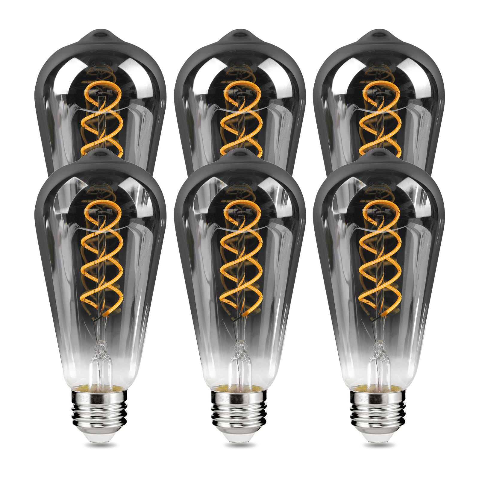 Decoaui E26 ST64 Vintage Edison Light Bulbs, Smoky Grey Coated Glass, Dimmable, 4W(20W Equivalent) 150 Lumens, 2700K Soft White, Spiral Filaments Design, Antique Style, 25000 Hrs, 6-Pack