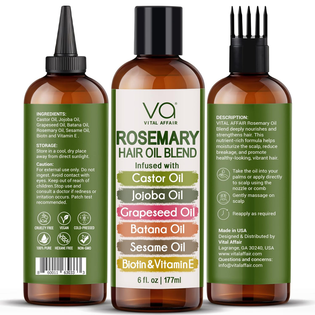 VITAL AFFAIR Blend Of Pure Rosemary Oil With Castor, Batana, Jojoba Oil - Infused With Biotin & Vitamin E-Blend of Effective Hair Oils for Hair Growth-Strengthening Treatment 6 Fl Oz