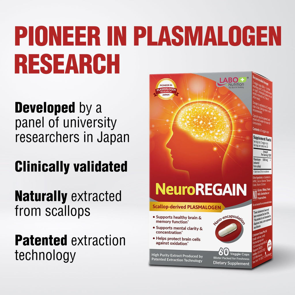 LABO Nutrition NeuroREGAIN - Scallop-derived PLASMALOGEN for Brain Deterioration, Memory, Alertness, Learning, Concentration and Other Cognitive Functions – Suitable for Seniors, Adult Men & Women x3