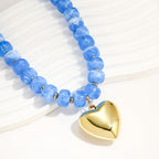 WOWORAMA Chunky Heart Necklace for Women Light Blue Resin Beaded Necklaces with Puffy Heart Pendant Chunky Statement Necklace Boho Trendy Summer Jewelry