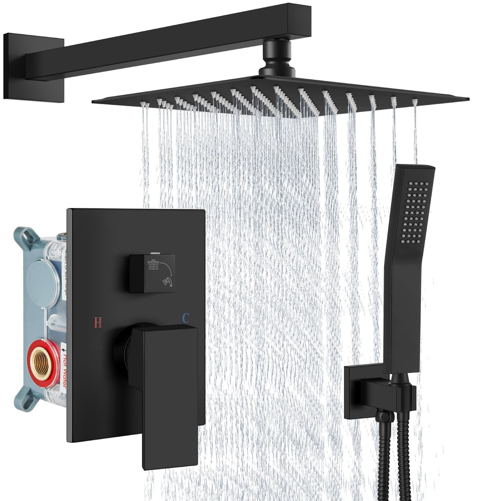 Aolemi Shower Faucet Set Rain Shower System with Handheld Spray Bathroom Shower Combo Rough-in Valve and Shower Trim Kit Included Matte Black 8 Inch Wall Mount Shower Head