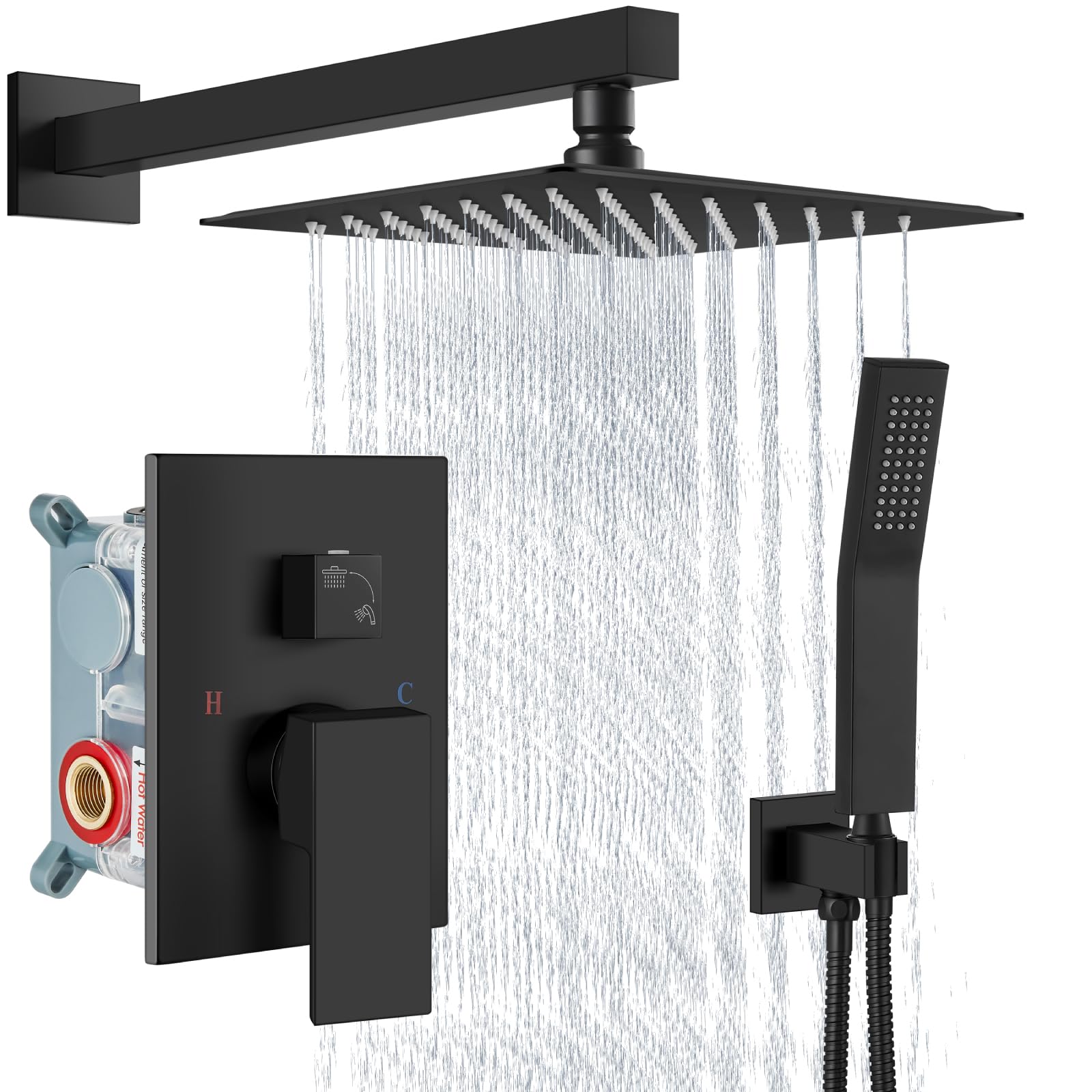 Aolemi Shower Faucet Set Rain Shower System with Handheld Spray Bathroom Shower Combo Rough-in Valve and Shower Trim Kit Included Matte Black 8 Inch Wall Mount Shower Head