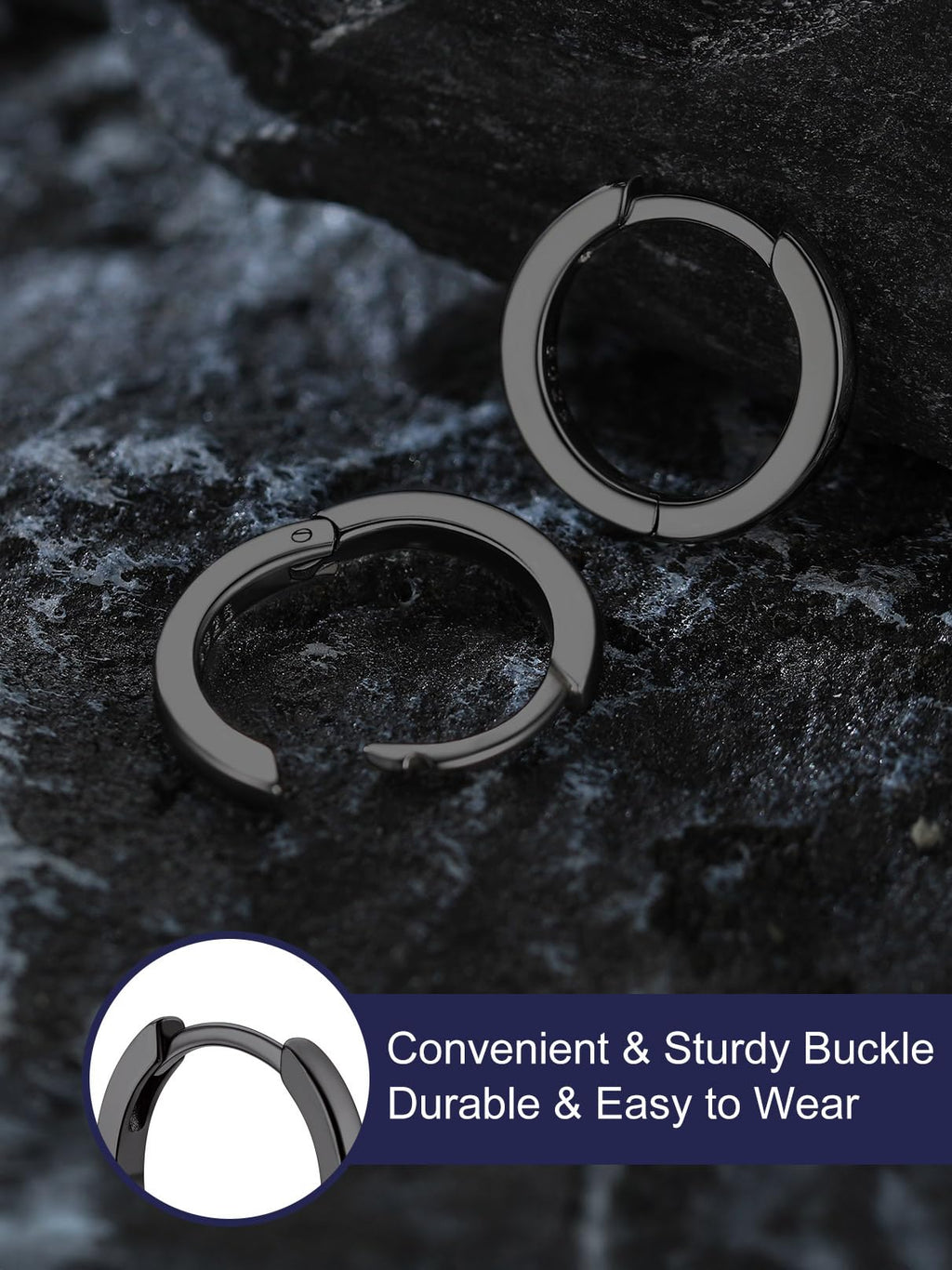 Bandmax Mens Black Small Huggie Hoop Earrings 925 Sterling Silver 10mm Round Huggy Ear Hoops Aretes Negros para Hombre Silver Ears Jewelry Gift for Women Men