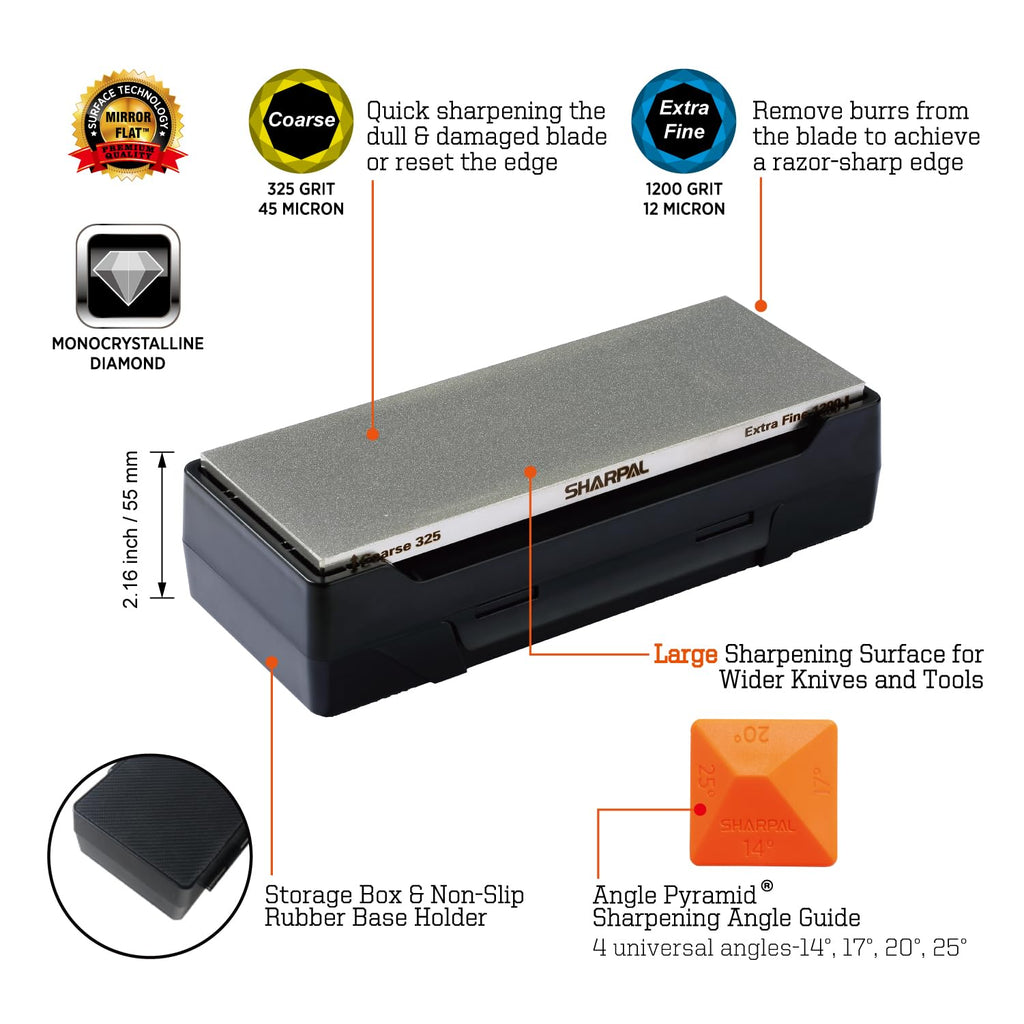SHARPAL 162N Double-sided Diamond Sharpening Stone Whetstone Knife Sharpener |Coarse 325 / Extra Fine 1200 Grit | Storage Case with NonSlip Base & Angle Guide (8 in. x 3 in.) Fathers Day Gift