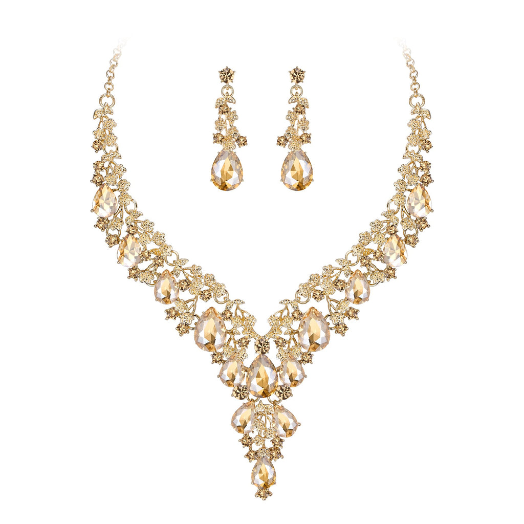 BriLove Wedding Bridal Necklace Earrings Jewelry Set for Women Champagne