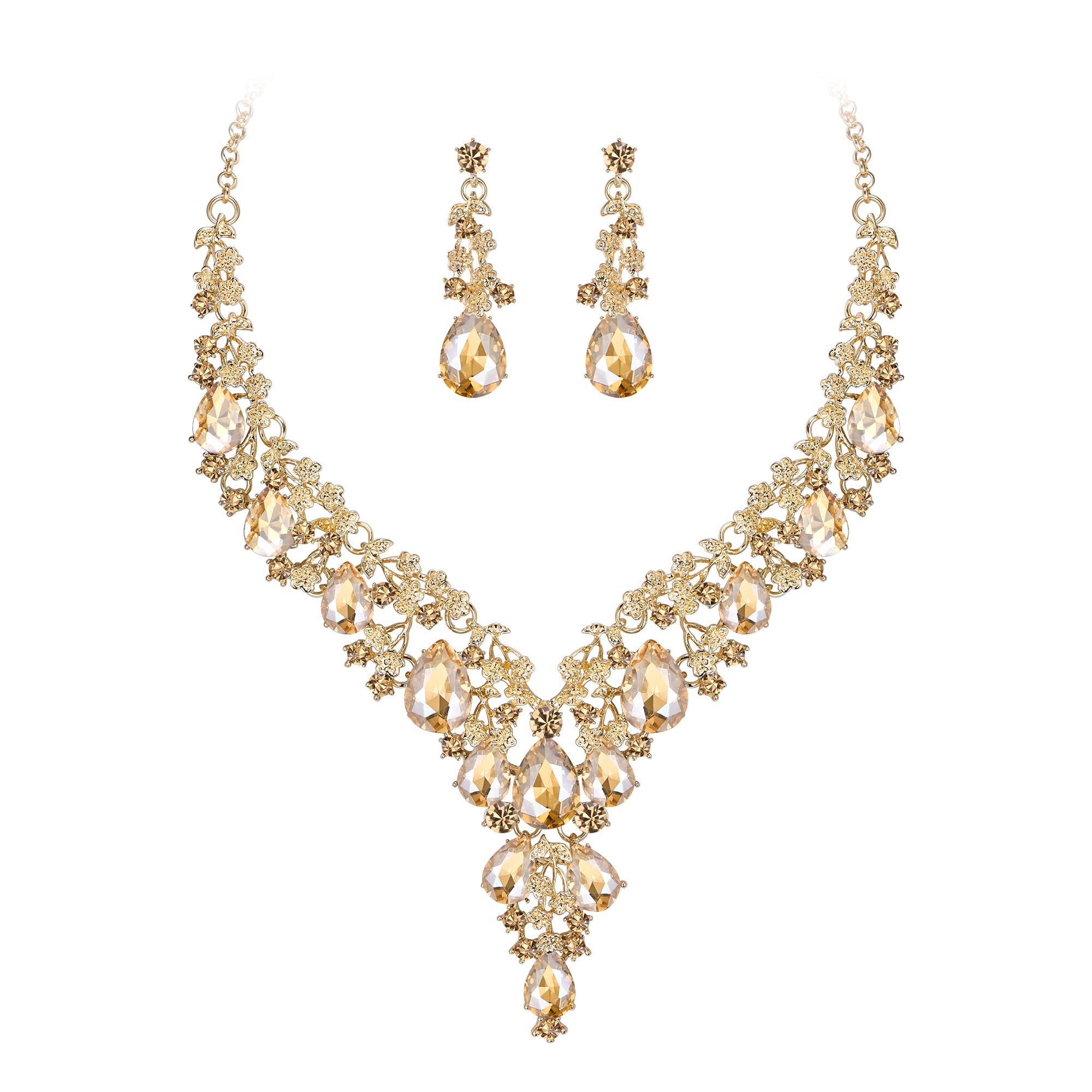 BriLove Wedding Bridal Necklace Earrings Jewelry Set for Women Champagne