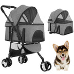 BestPet 3-Wheels Pet Stroller - Dog & Cat Premium 3-in-1 Multifunction Detachable Carrier Lightweight Folding Travel Stroller, Grey