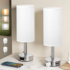 Fenmzee White Silver Bedside Table Lamps Set of 2-3 Color Temperatures Pull Chain Lamp with AC Outlet Charging Port, Two Round Night Stand Lamps for Bedroom, Small Bed Side Light with E26 LED Bulbs