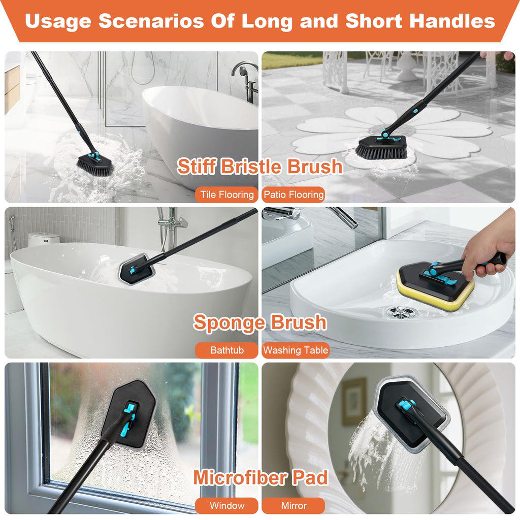 Long Handled Scrub Brush for Shower,3-in-1 Cleaning Brushes with 3 Different Function Cleaning Heads Brush for Shower Cleaning Bathroom Kitchen Walls Tub Tile (Black)