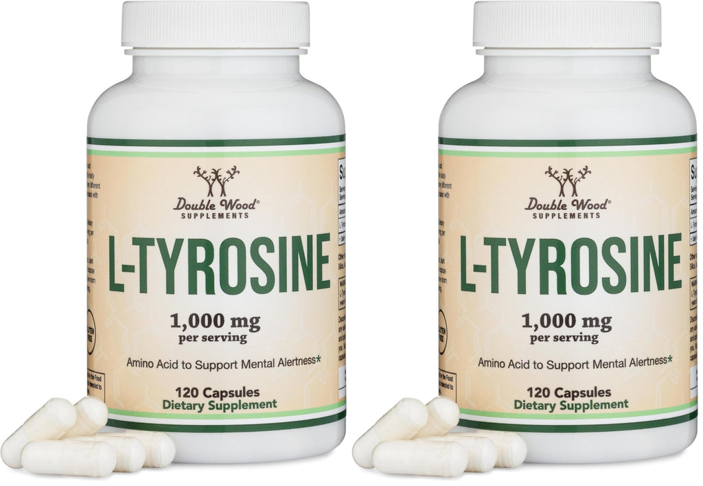 L-Tyrosine 1,000mg per Serving, 120 Veggie Capsules (L Tyrosine Supplement for Memory, Attention, and Focus) Amino Acid, Vegan Safe, Non-GMO by Double Wood (Pack of 2)