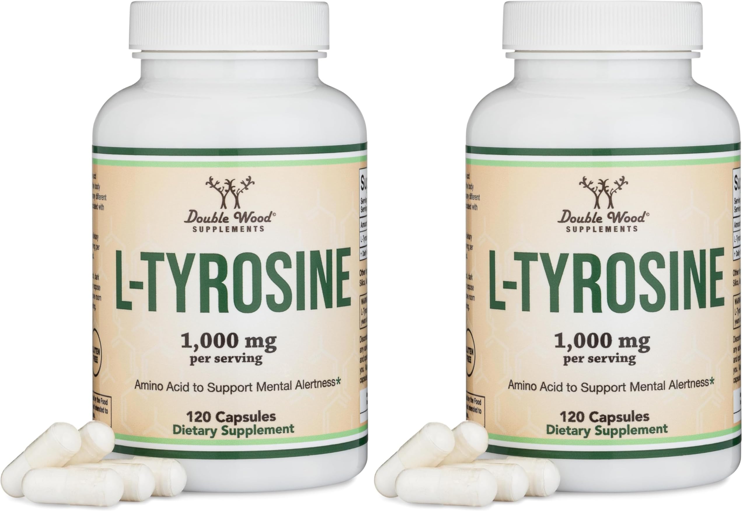 L-Tyrosine 1,000mg per Serving, 120 Veggie Capsules (L Tyrosine Supplement for Memory, Attention, and Focus) Amino Acid, Vegan Safe, Non-GMO by Double Wood (Pack of 2)