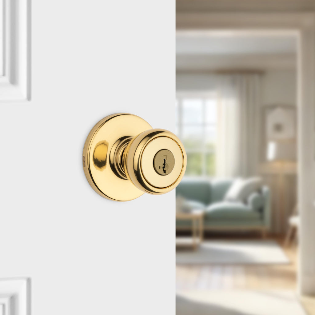 Kwikset Tylo Entry Door Knob with Lock and Key, Secure Keyed Handle Exterior, Front Entrance and Bedroom, Polished Brass, Pick Resistant SmartKey Rekey Security