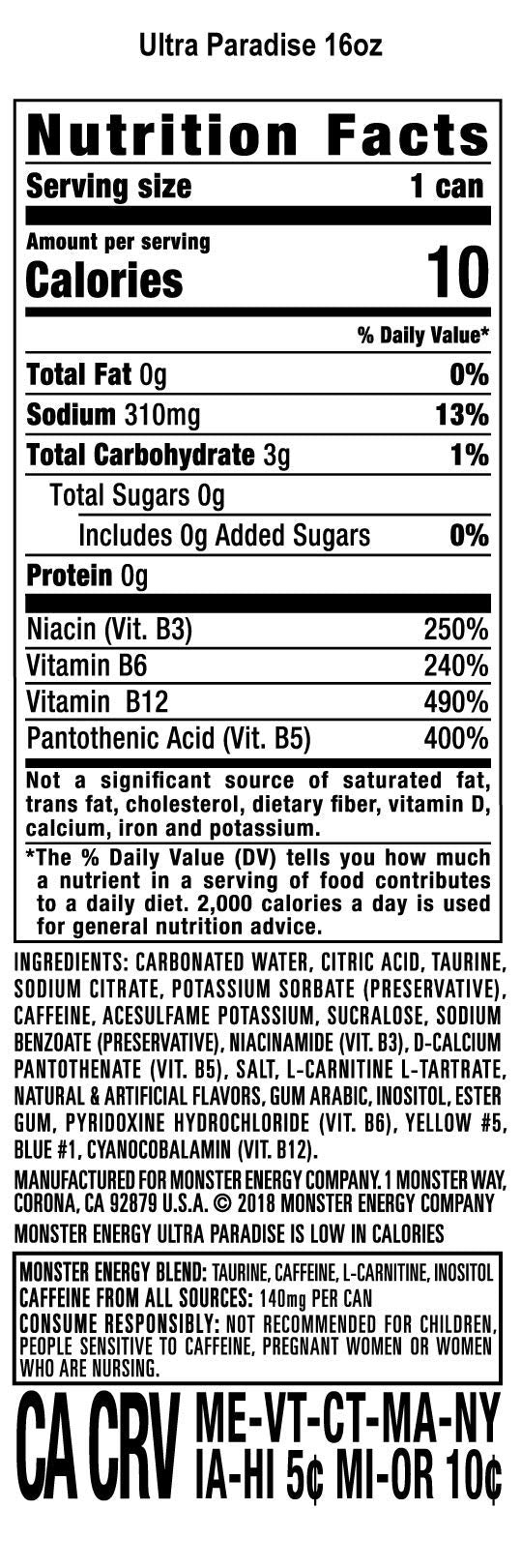 Monster Energy Ultra Paradise, Sugar Free Energy Drink, 16 Ounce