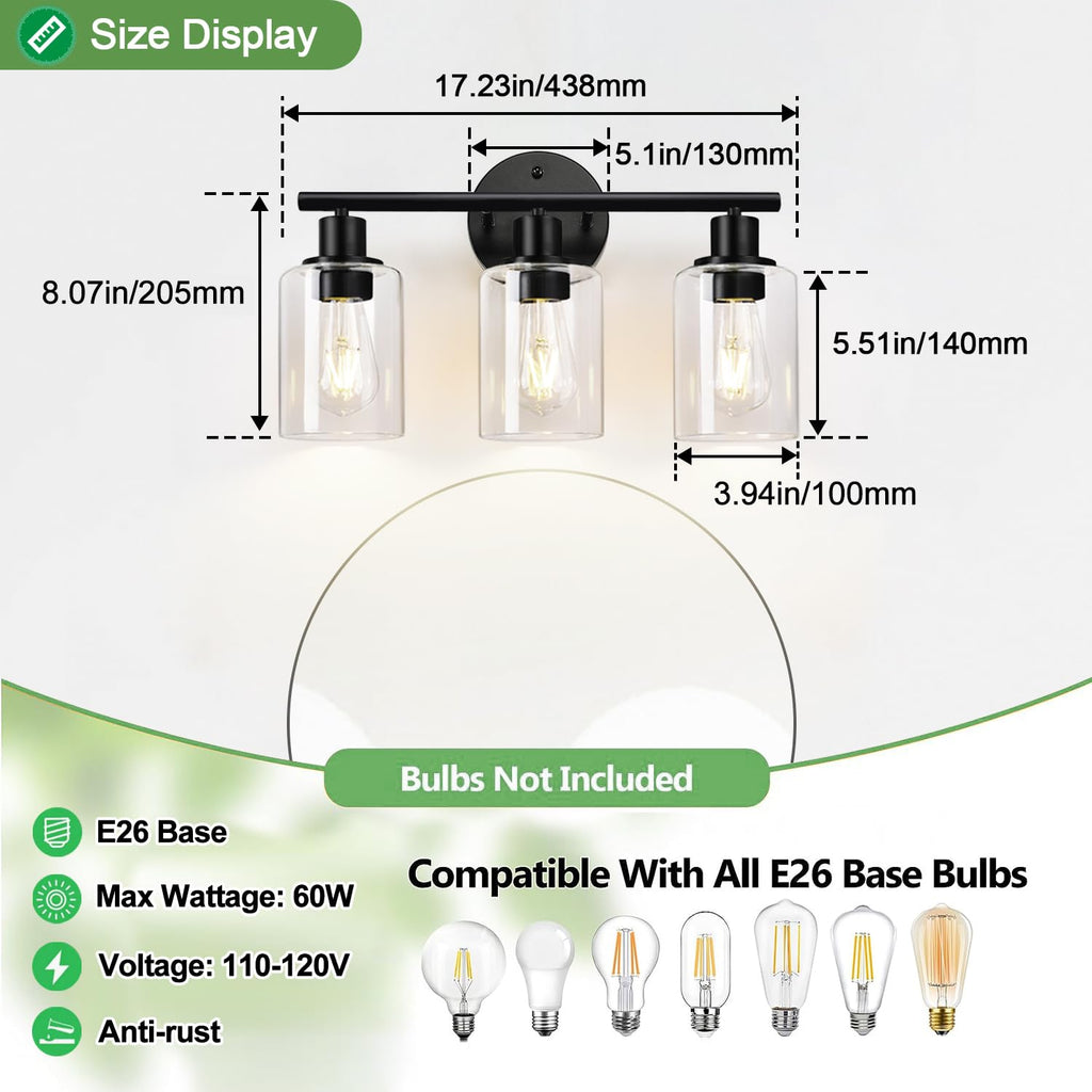 Zarbitta 3-Light Bathroom Light Fixtures, 17.23" Black Modern Vanity Lights with Clear Glass Shade, Bathroom Wall Lamp for Mirror Kitchen Living Room Hallway Cabinet Porch