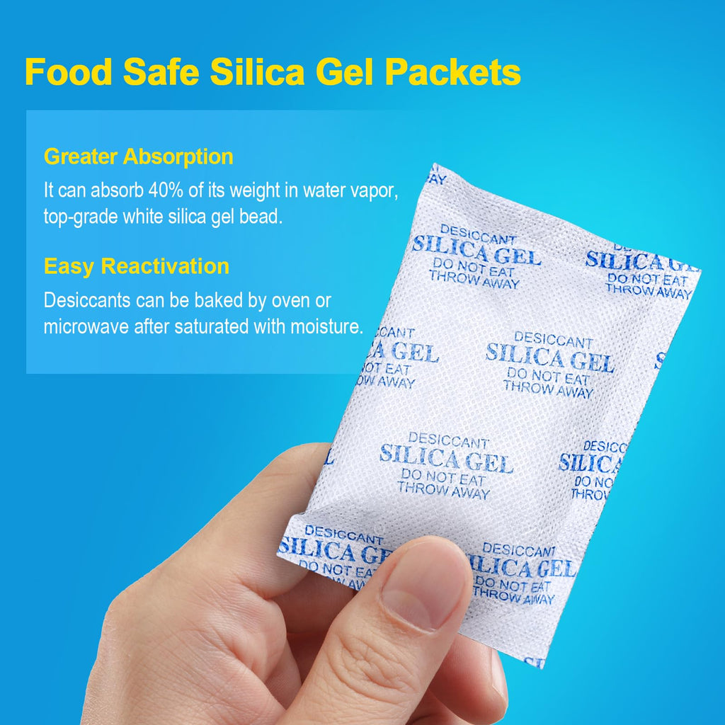 Absorbking Silica Gel Packets, 50 Gram 50 Packs Food Safe Moisture Absorbers, Desiccant Packs for Storage, Reusable Desiccant for Foods, Storage Bins, 3D Filaments, Electronics, Safes