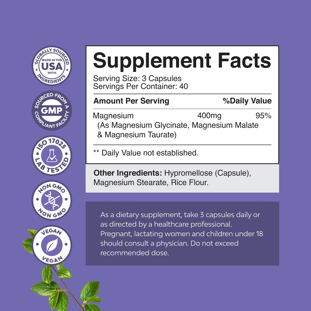 Triple Magnesium Complex Supplement - High Absorption Magnesium Glycinate, Malate & Taurate Blend for Muscles, Energy Support & Heart Health - Triple Mg Complex 400 mg Capsules - 120 Count