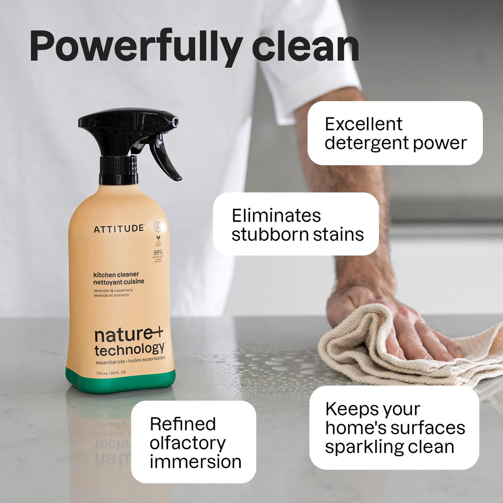 ATTITUDE Kitchen Cleaner Spray, EWG Verified, Degreaser Spray to Cut Grease & Grime, Plant-Based & Vegan, Lavender & Rosemary, 26 Fl Oz (Pack of 3)