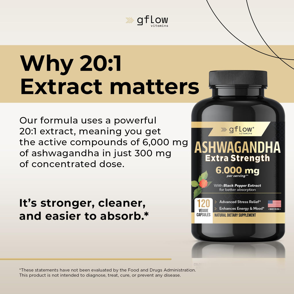 gflow vitamins Ashwagandha Supplements for Women and Men 6000mg | Sleep, Mood and Energy Support | Extra Strength, Vegan Friendly, Non-GMO, Made in USA