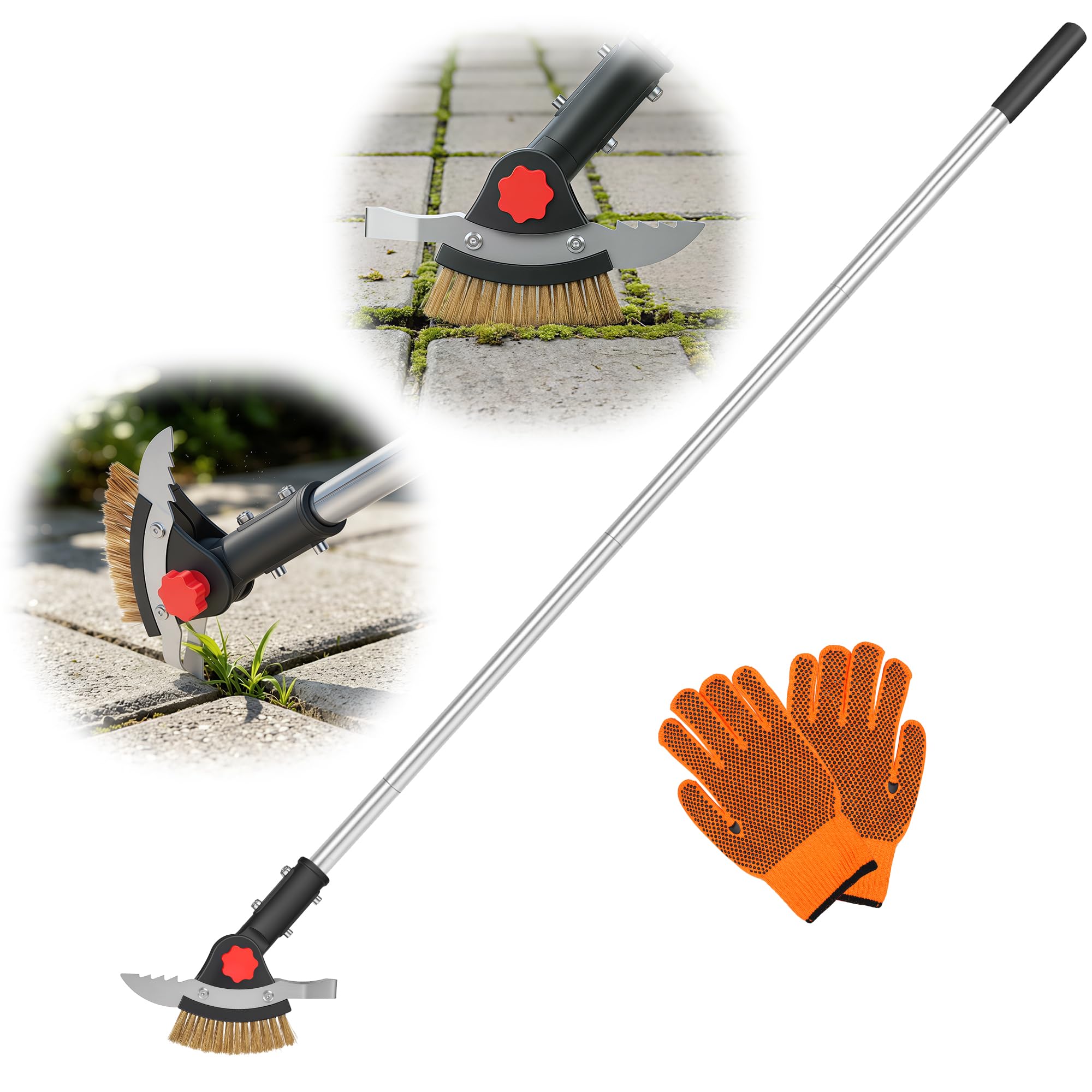 SFTPO 3-in-1 Crack Weeder Long Handle, Adjustable Crevice Weeding Tool with Stainless Steel Weed Brush and 2 Scrapers Weed Puller Tool for Driveway, Sidewalk, Lawn to Remove Weeds Moss Dirt (58.6")