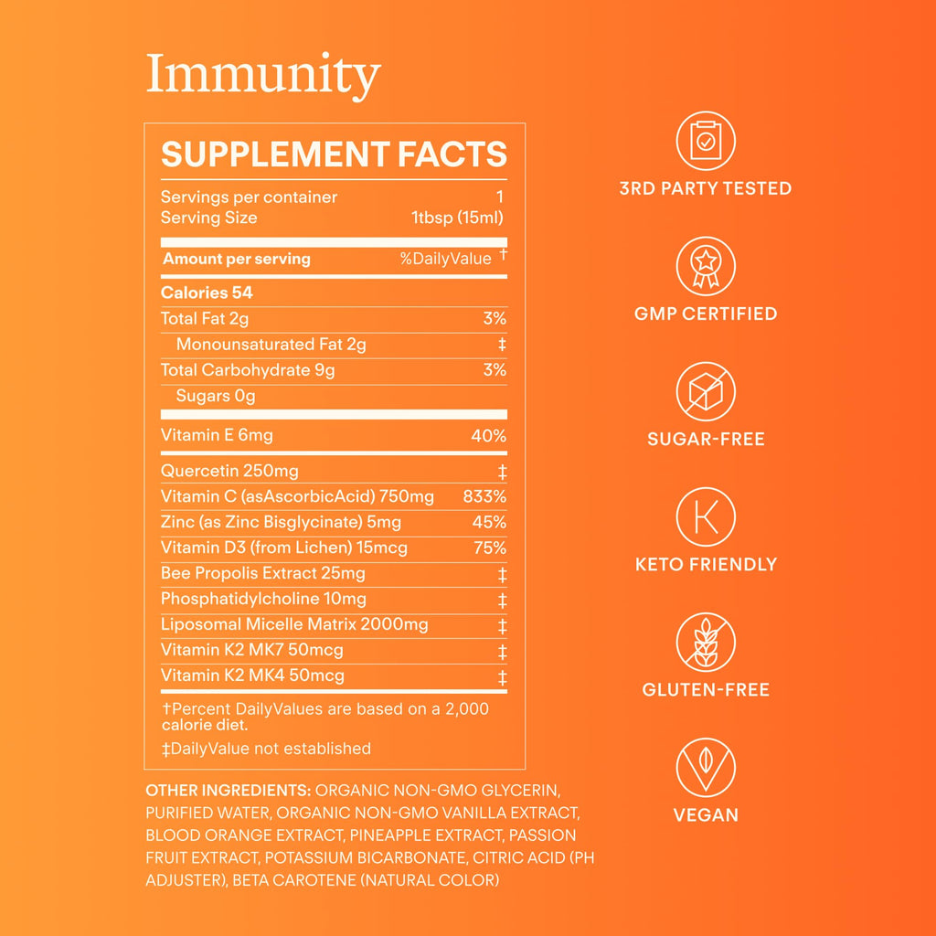 Sunny Within Immunity - Liposomal Vitamin C & Bee Propolis 6-in-1 Packets with Zinc, D3 + K2, Quercetin, Avocado Oil - Antioxidant Liquid Supplement for Immunity, Skin & Bone* - 30 Pouches