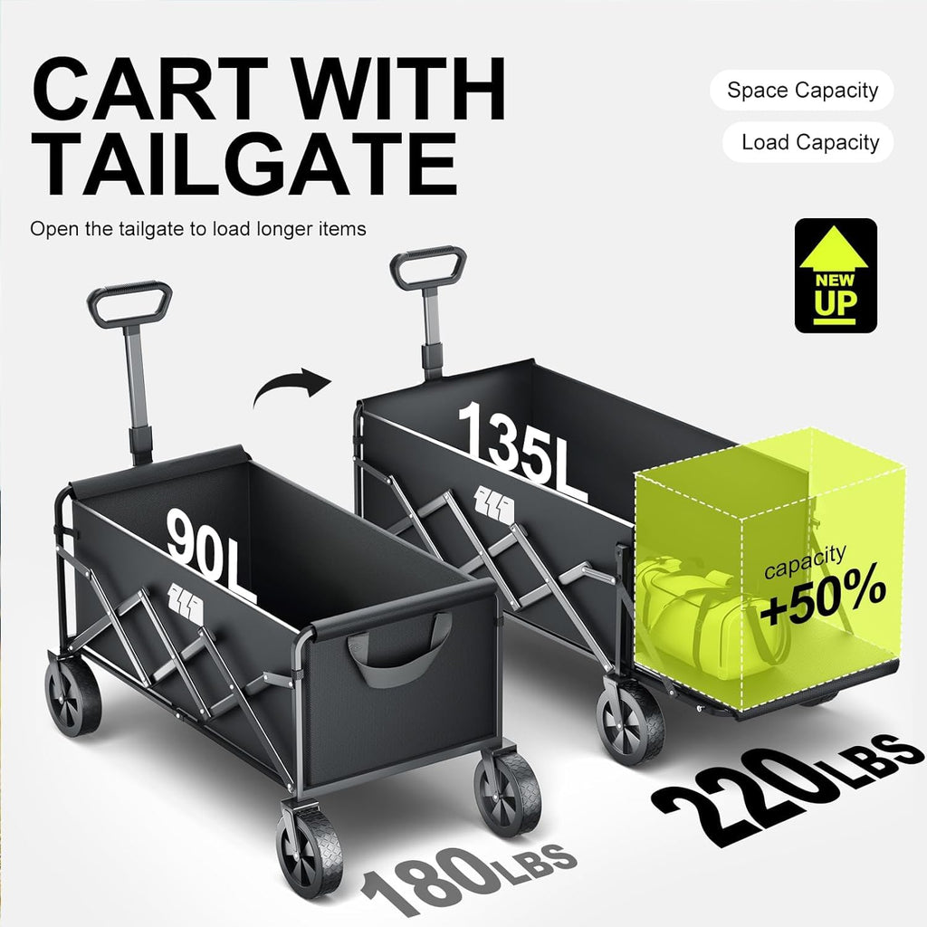 TANSTRIDER Collapsible Wagons Carts Foldable with Extended Tailgate, Folding Wagon Cart on Wheels, Portable Heavy Duty Shopping Carts for Groceries, Apartment, Garden, Camping, Sports,Outdoor (Black)