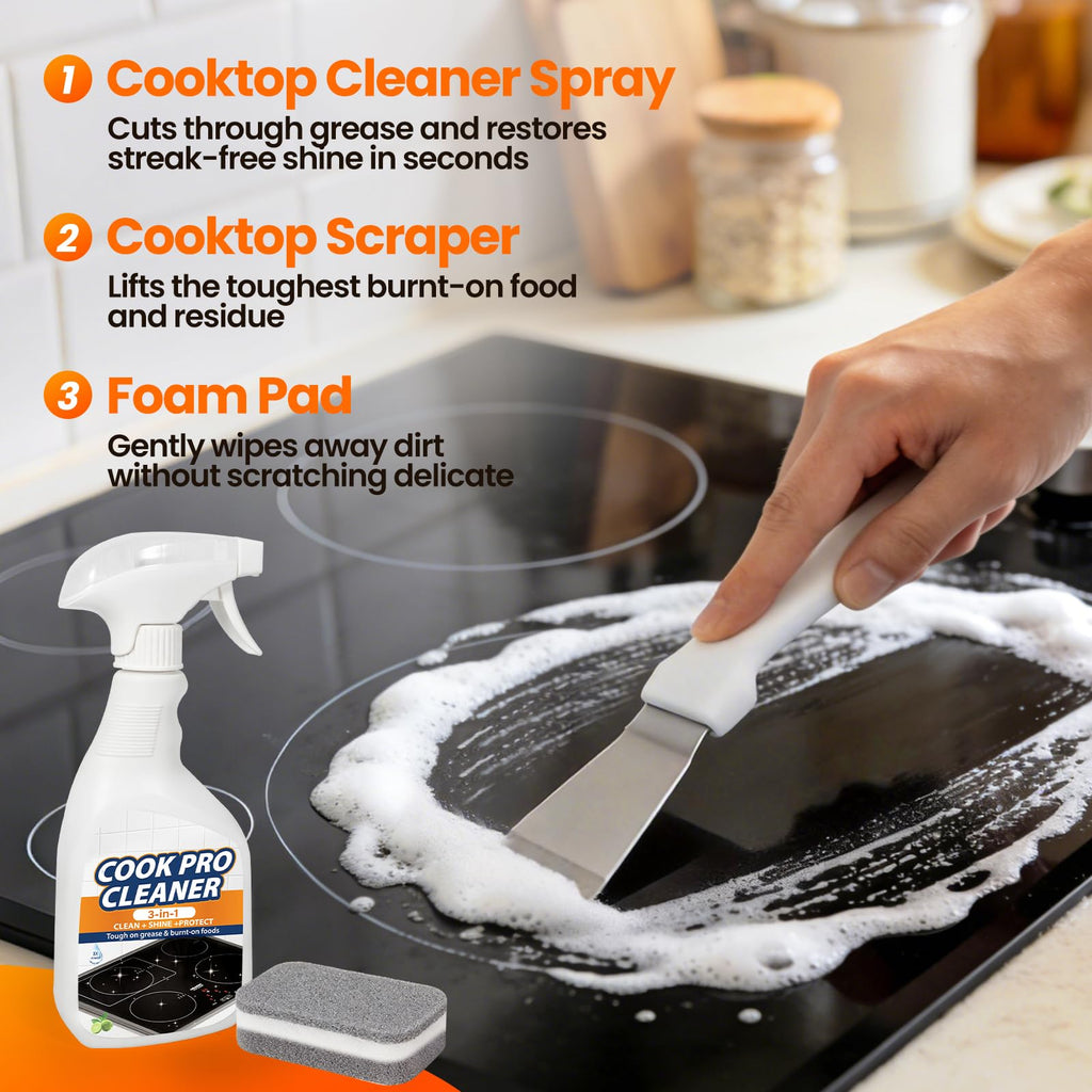 3-in-1 Stove Top Cleaner Kit - Glass Cooktop Cleaner for Ceramic Electric Gas & Induction Stoves - Includes Heavy Duty Scraper and Double-Sided Sponges for Removing Burnt-on Grease, Oil & Grime