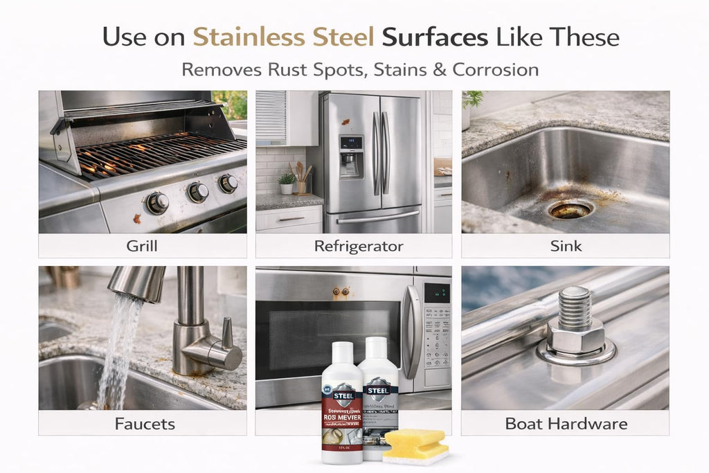 CLEAN MY STEEL Stainless Steel Rust Stain Remover & Cleaner Kit, NSF Safe for Food Areas. Includes Cleaner for Commercial Equipment, Appliances, Gloves & Sponge (8.5 oz)