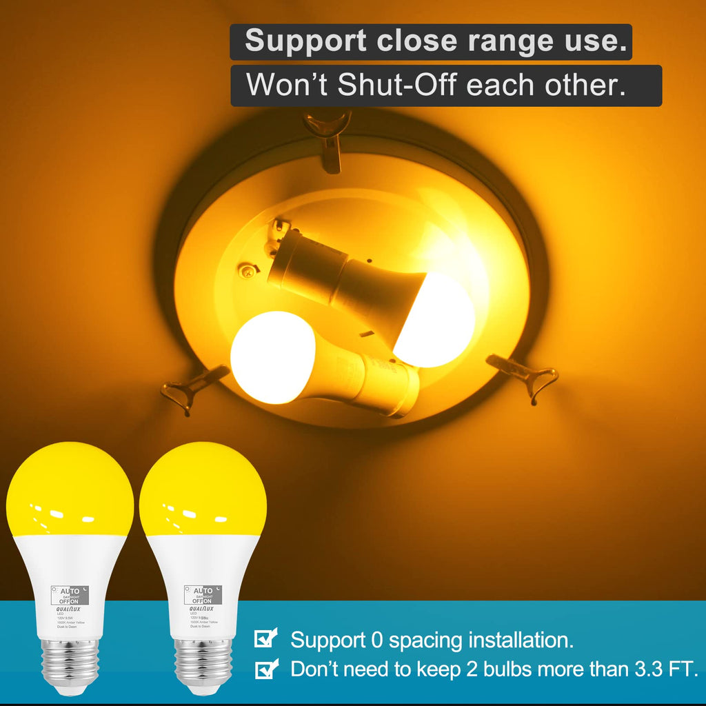 Qualilux Dusk to Dawn A19 LED Bug Light Bulbs Outdoor, 1900K Amber Yellow, 600 Lumen, 9.5W, E26, 4-Pack, HQ-H018