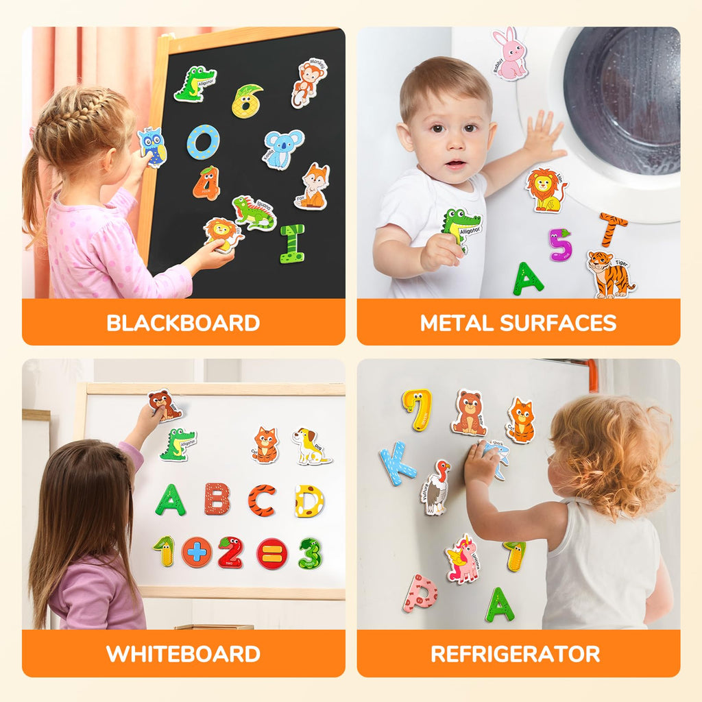 JoyCat Wooden Kids Magnets – 26 Cute Animals, Alphabet Uppercase Letters, and 0-9 Numbers, Fridge Magnets for Toddlers, Fun Educational Spelling Learning Gift for Toddlers & Kids