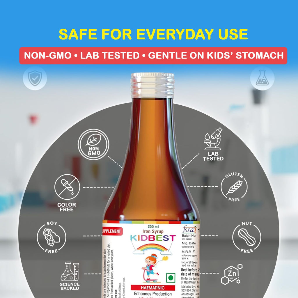 HealthBest Liquid Iron Syrup for Kids – Triple Action with Folic Acid and Zinc – Boosts Hemoglobin, Appetite, and Immunity – No Metallic Taste – 200ml Liquid Supplement, Safe & Effective