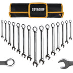 Metric Combination Wrench Set, 15-Piece 8, 9, 10, 11, 12, 13, 14, 15, 16, 17, 18, 19, 20, 21, 22mm, Chrome Vanadium Steel with 12-Point Box End, 15-Degree Offset, Mirror Polished, with Rolling Pouch