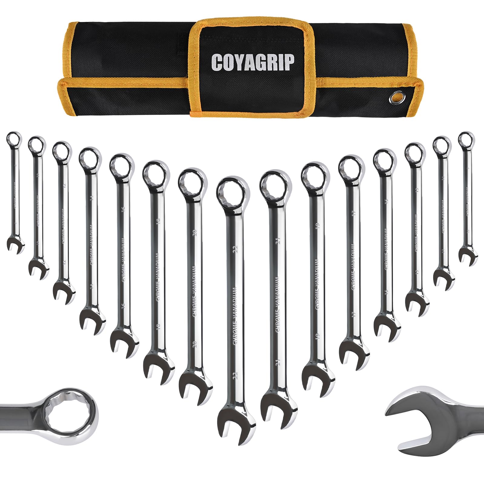 Metric Combination Wrench Set, 15-Piece 8, 9, 10, 11, 12, 13, 14, 15, 16, 17, 18, 19, 20, 21, 22mm, Chrome Vanadium Steel with 12-Point Box End, 15-Degree Offset, Mirror Polished, with Rolling Pouch