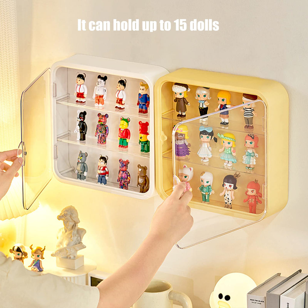 Clear Display Case for Figures, Wall-Mounted Doll Storage Box, Adjustable Display Stand with Door Dust and Moisture Proof Suitable for Lego Collectibles Action Figures Pop Mart (Yellow)
