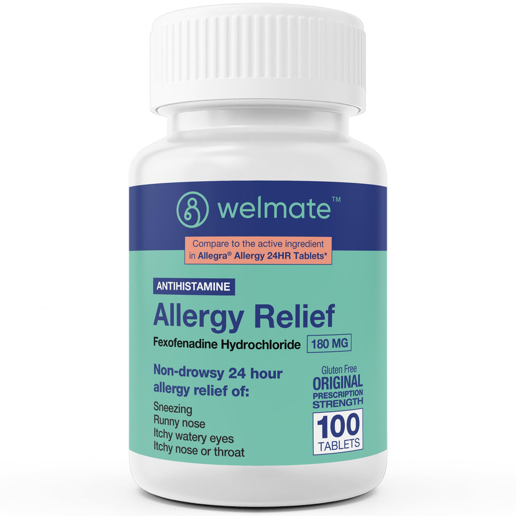 WELMATE Non-Drowsy Allergy Medicine, Fexofenadine HCl 180mg, 100 Count - 24 Hour Antihistamine for Hay Fever, Pollen, Sneezing, Itchy Eyes, Runny Nose - Allergy Relief Pills for Adults