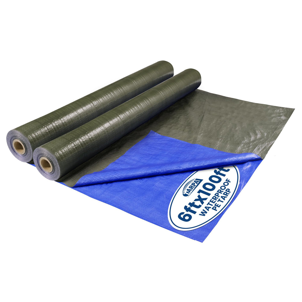 TARPAL 6x100 Feet (2pack) Tarp Roll 5mil Waterproof Tarps polyethylene Multipurpose Tarp Cover Dustproof, Tear Resistant for Decoration, Painting, Home use（Green/Blue）