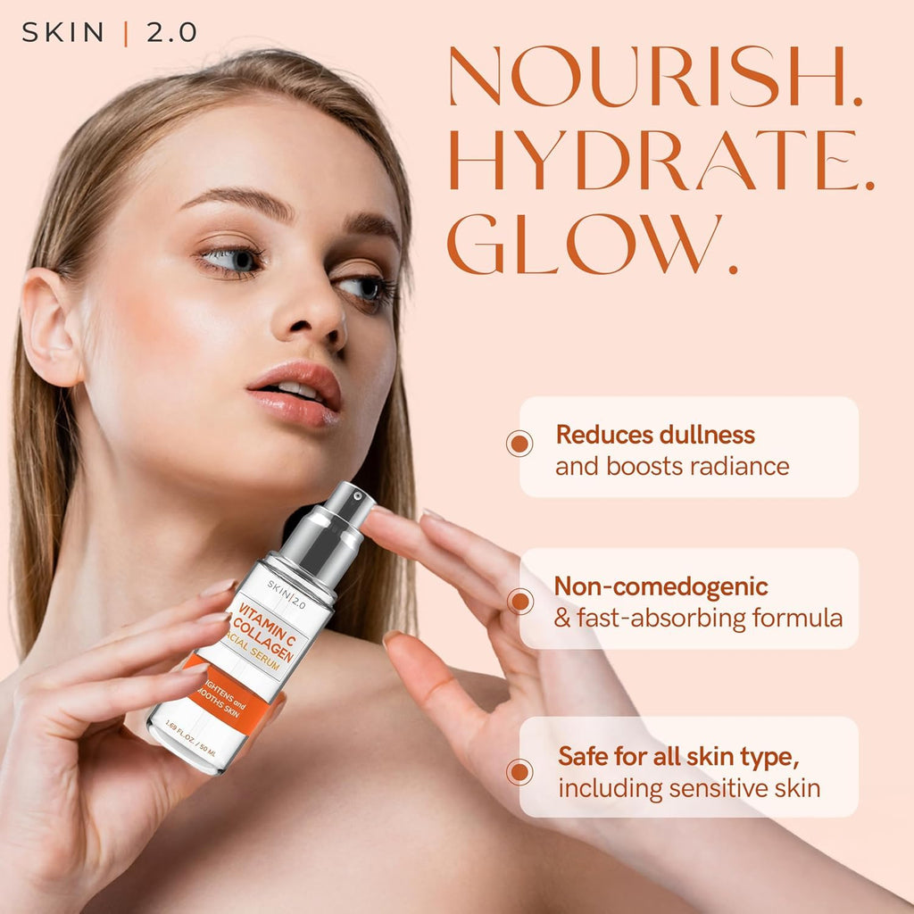 Skin 2.0 Vitamin C Serum with Collagen - Anti-Aging & Dark Spot Remover - Dermatologist Tested Korean Skincare for Brightening & Acne - Clean Beauty, Cruelty-Free, All Skin Types - 1.69oz (2-Pack)