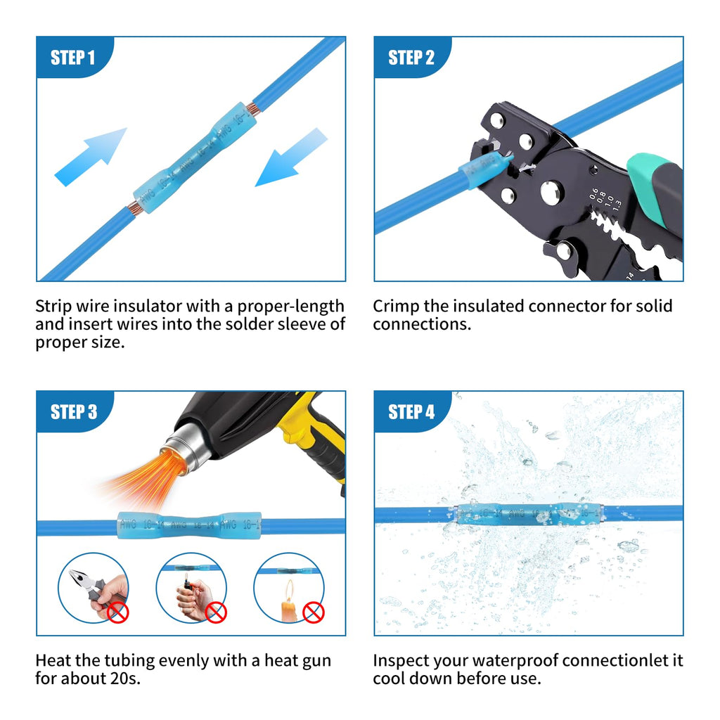 Dyfilmo Heat Shrink Butt Connectors,200Pcs 16-14 AWG Blue Waterproof Electrical Wire Connectors Automotive Marine Grade Wire Crimp Terminals Butt Splices for Cable,Boat,Home Electrical etc.