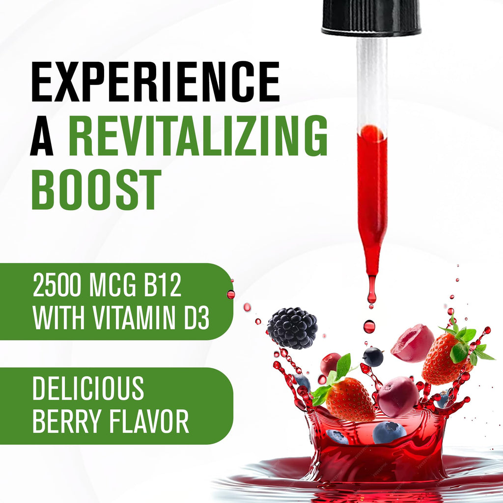 NaturalSlim Liquid B12 Vitamins with Vitamin D - Metab-12 Methylcobalamin 2500 mcg B12 Sublingual Drops for Metabolism, Energy, & Immune Support - Berry Flavor 1 fl oz