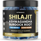 Organic Shilajit Gummies, Sea Moss, Ashwagandha, 105+ Trace Minerals – Organic Burdock Root & Lions Mane Mushroom - Blue Razz – Vegan & Non-GMO – Made in USA – 60ct