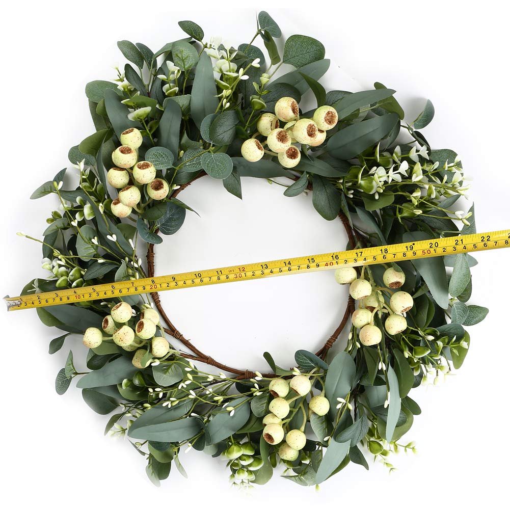 JINGHONG Eucalyptus Wreaths for Front Door 20 Inch Green Home Decor for Wall Porch Window Spring Summer Wreath with Big Berries for All Seasons Winter Christmas