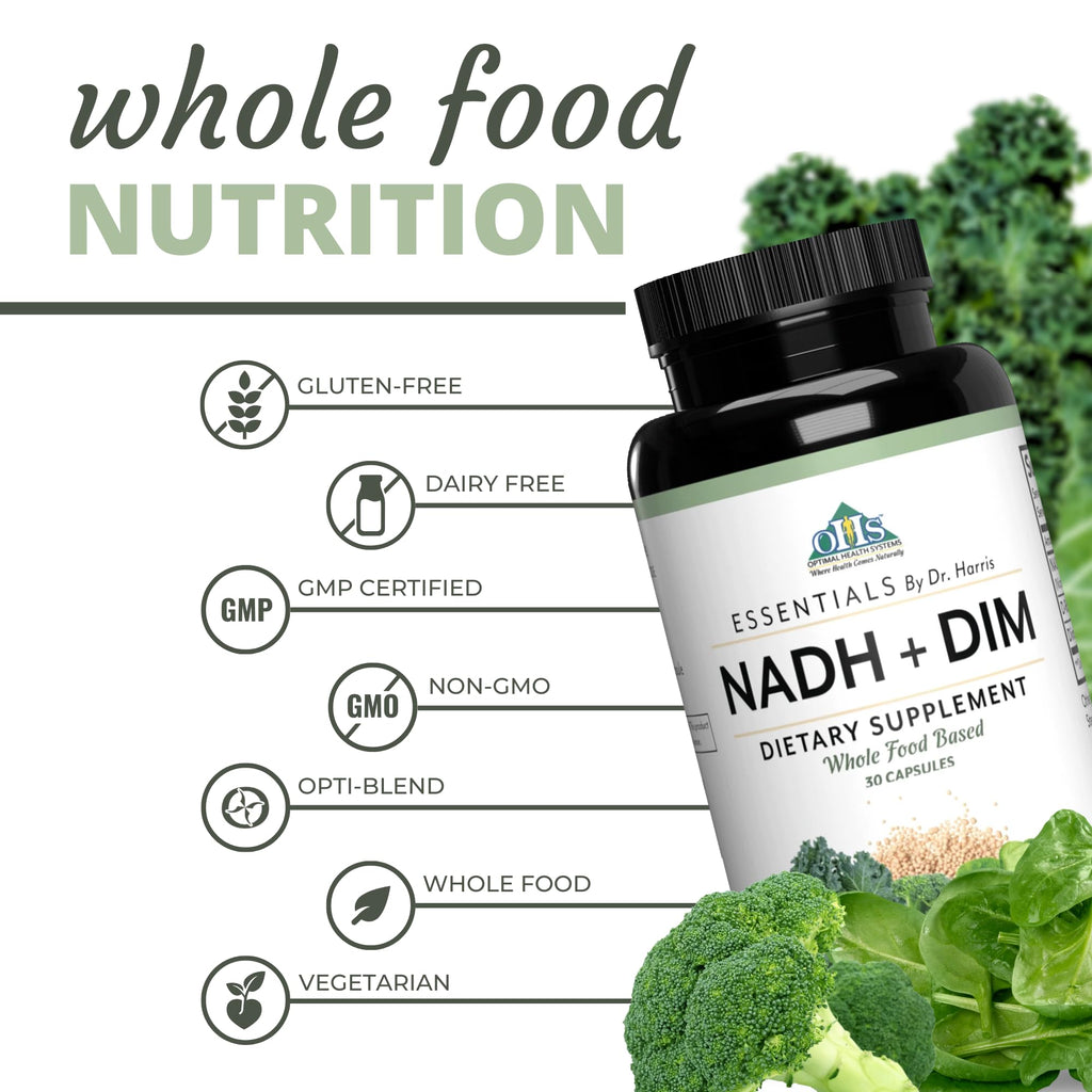 Optimal Health Systems NADH + DIM | Dr. Harris Essentials | Energy + Neurotransmitter Support | Plant-Based | Mental Clarity, Concentration, & Memory Supplement | 30 Capsules